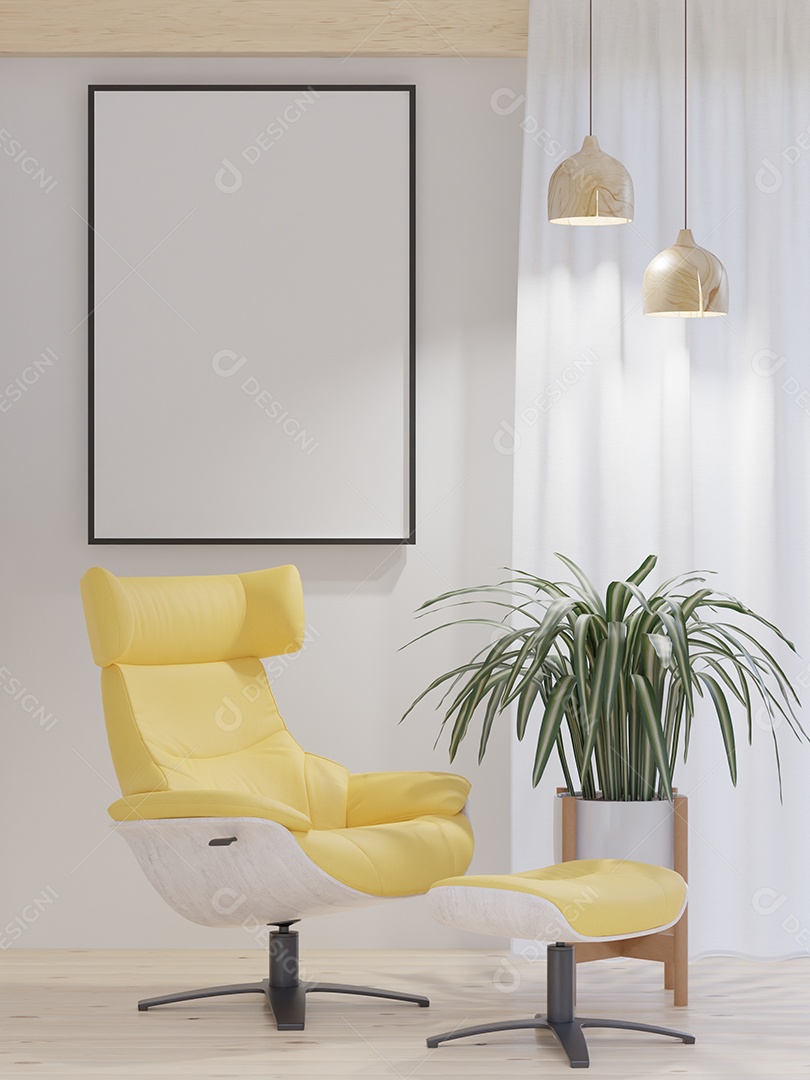 Placa em branco de maquete de ilustração 3D com moldura na parede da sala de estar, interior de estilo escandinavo com cadeira confortável