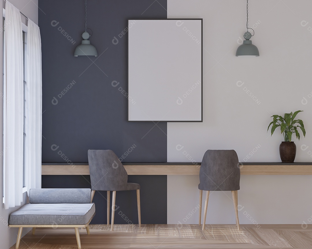 Placa em branco de maquete de ilustração 3D com moldura na parede da sala de estar, interior de estilo escandinavo com cadeira confortável