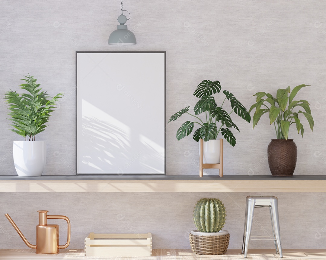 Placa em branco de maquete de ilustração 3D com moldura na parede da sala de estar, interior de estilo escandinavo com cadeira confortável