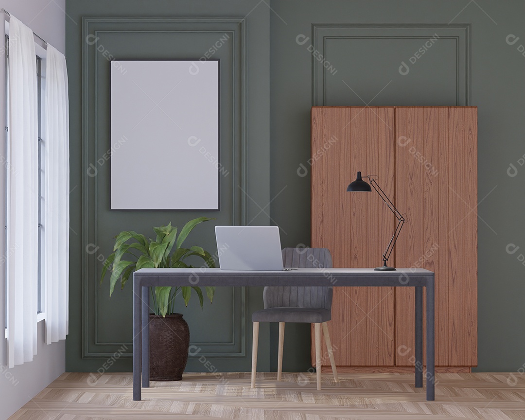 Placa em branco de maquete de ilustração 3D com moldura na parede na área de trabalho em casa, interior de estilo escandinavo