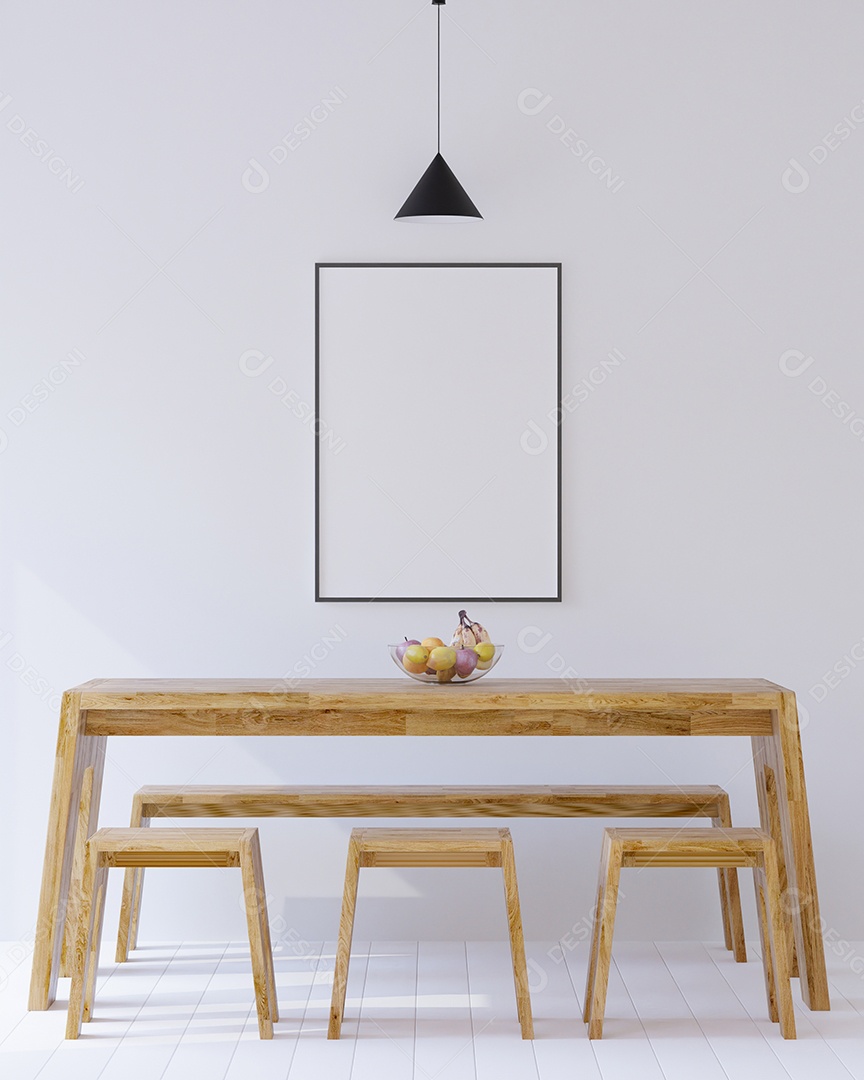 Placa grande de maquete de ilustração 3D com moldura na sala de jantar em casa ou restaurante, cores pastel interiores de estilo escandinavo e decoração com móveis bonitos e confortáveis, renderização
