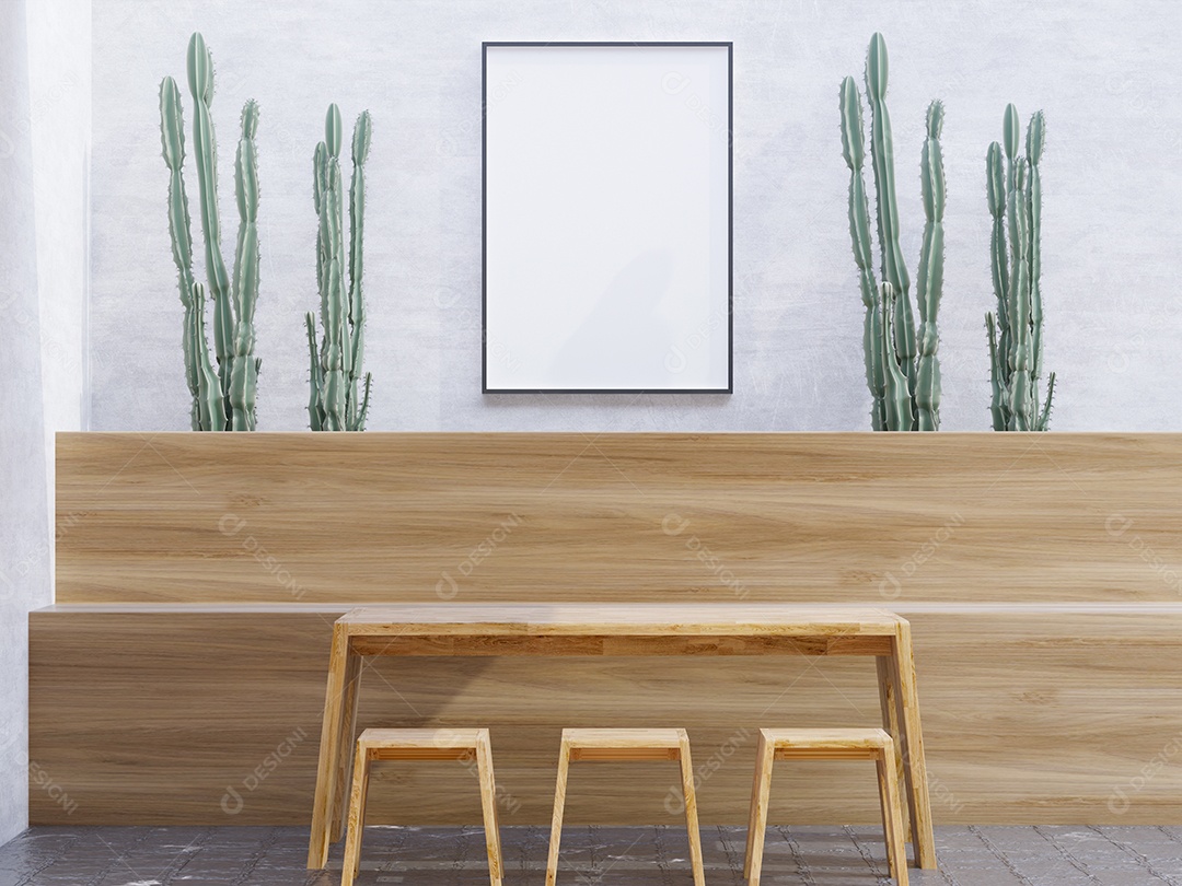 Placa em branco de maquete de ilustração 3D com moldura na parede na área de trabalho em casa, interior de estilo escandinavo