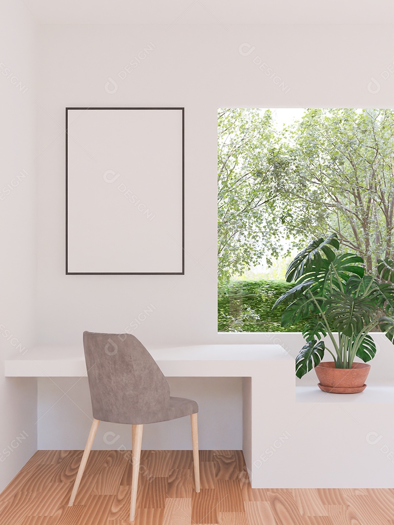 Placa em branco de maquete de ilustração 3D com moldura na parede na área de trabalho em casa, interior de estilo escandinavo