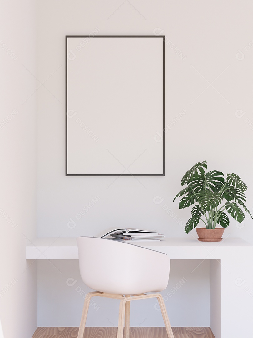 Placa em branco de maquete de ilustração 3D com moldura na parede na área de trabalho em casa, interior de estilo escandinavo