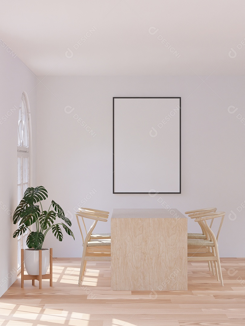 Placa grande de maquete de ilustração 3D com moldura na sala de jantar em casa ou restaurante, cores pastel interiores de estilo escandinavo
