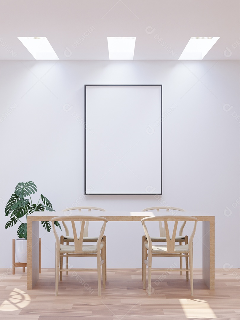 Placa grande de maquete de ilustração 3D com moldura na sala de jantar em casa ou restaurante, cores pastel interiores de estilo escandinavo