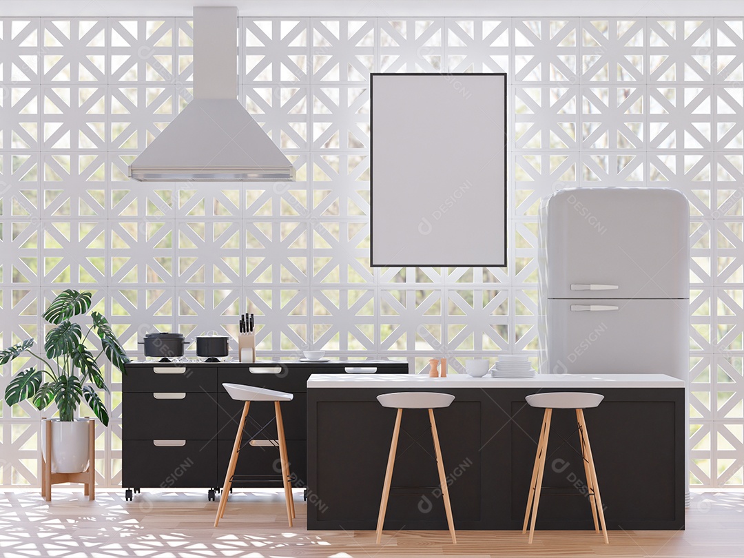 Placa grande de maquete de ilustração 3D com moldura na sala de jantar em casa ou restaurante, cores pastel interiores de estilo escandinavo