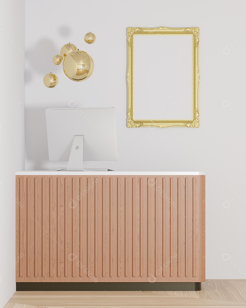 Placa grande de maquete de ilustração 3D com moldura na sala de jantar em casa ou restaurante, cores pastel interiores de estilo escandinavo