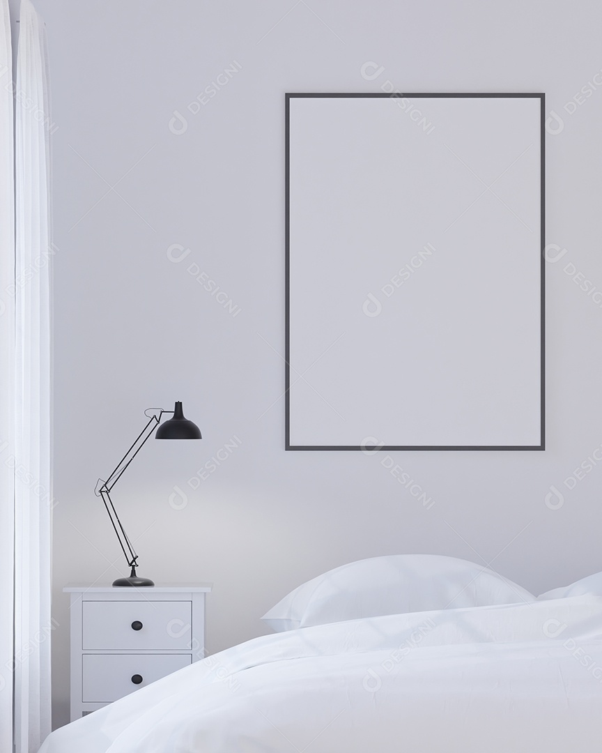 Placa grande de maquete de ilustração 3D com moldura na sala de jantar em casa ou restaurante, cores pastel interiores de estilo escandinavo