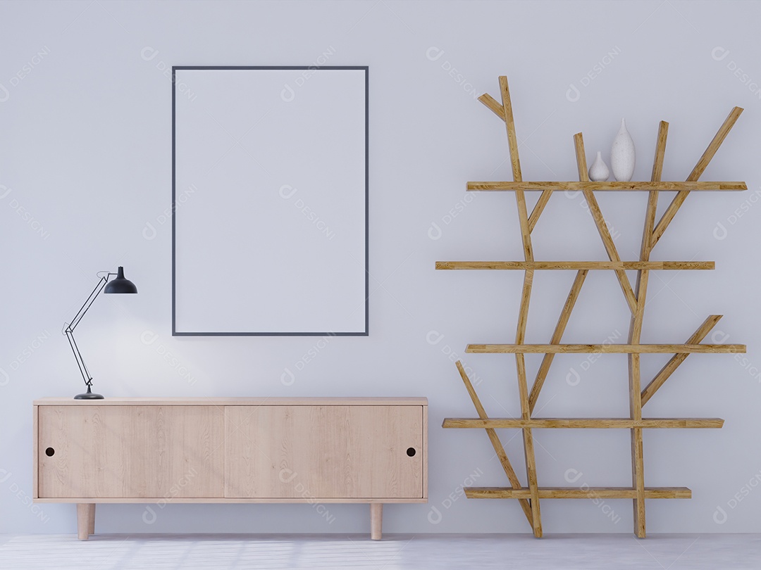 Placa grande de maquete de ilustração 3D com moldura na sala de jantar em casa ou restaurante, cores pastel interiores de estilo escandinavo