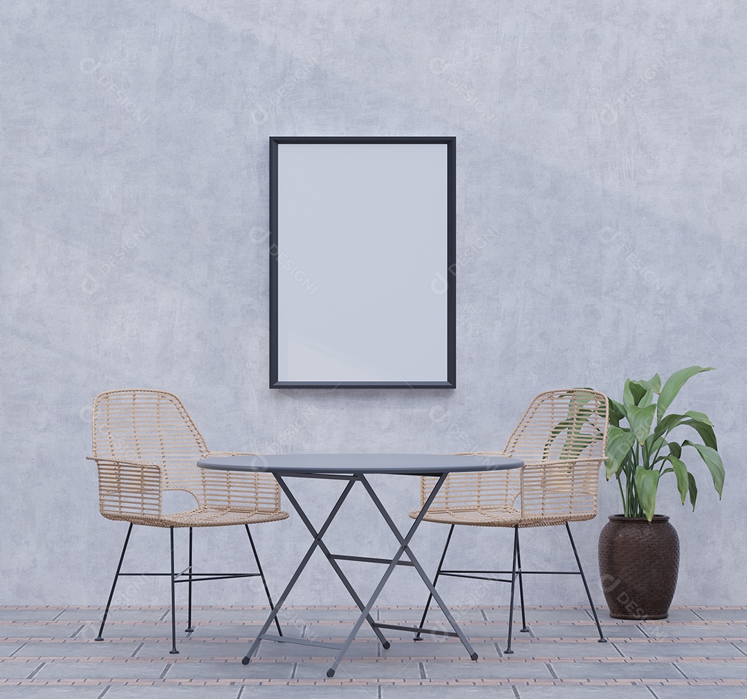 Placa grande de maquete de ilustração 3D com moldura na sala de jantar em casa ou restaurante, cores pastel interiores de estilo escandinavo