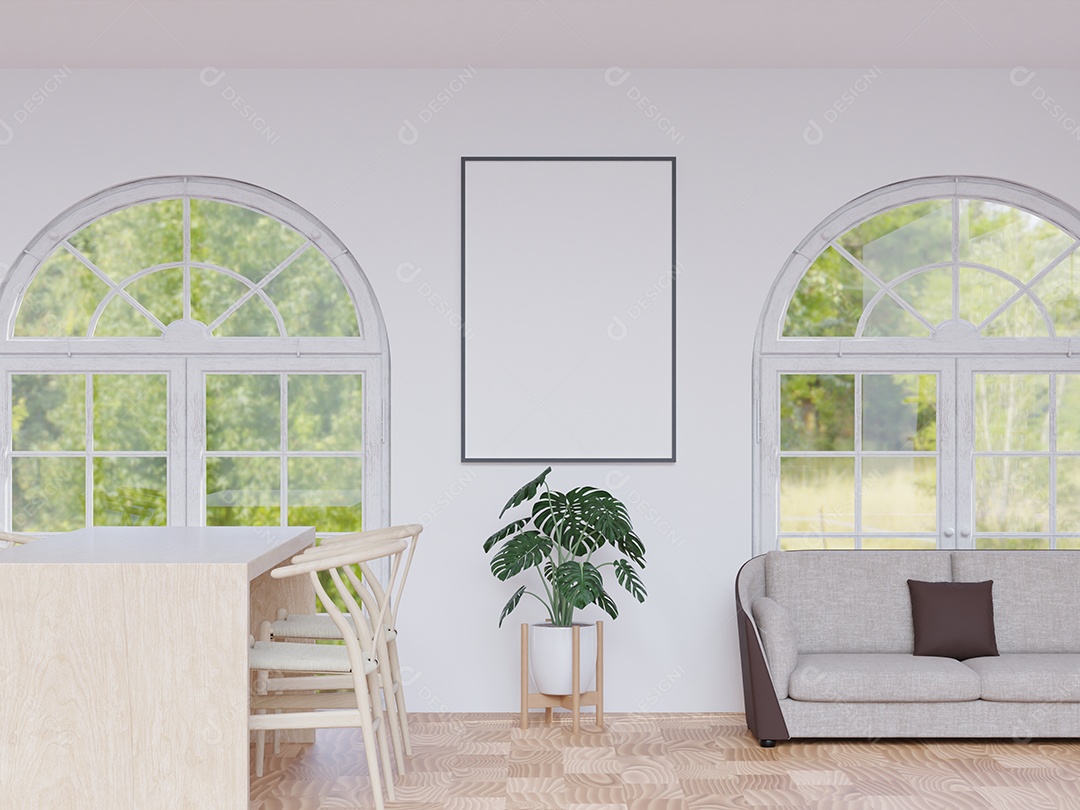 Placa grande de maquete de ilustração 3D com moldura na sala de jantar e sala de estar em casa, cores pastel interiores de estilo escandinavo