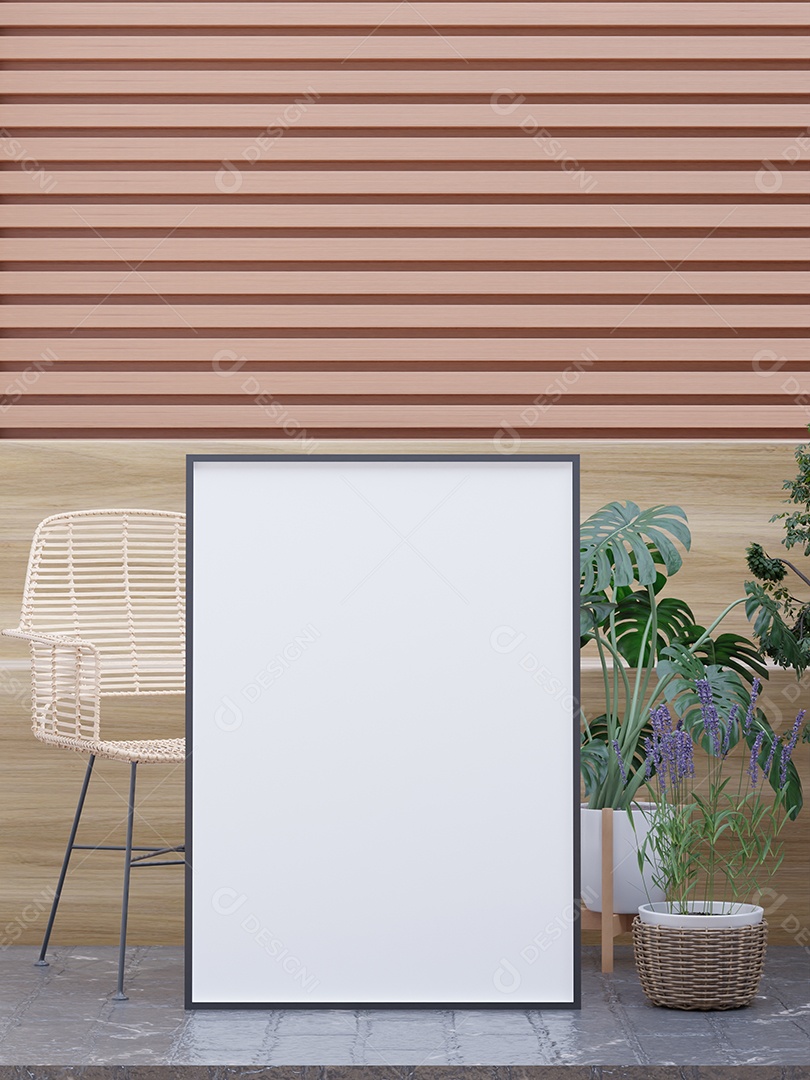 Placa grande de maquete de ilustração 3D com moldura na sala de jantar e sala de estar em casa, cores pastel interiores de estilo escandinavo