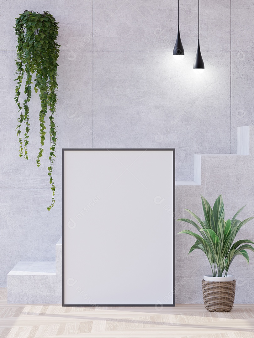 Placa grande de maquete de ilustração 3D com moldura na sala de jantar e sala de estar em casa, cores pastel interiores de estilo escandinavo