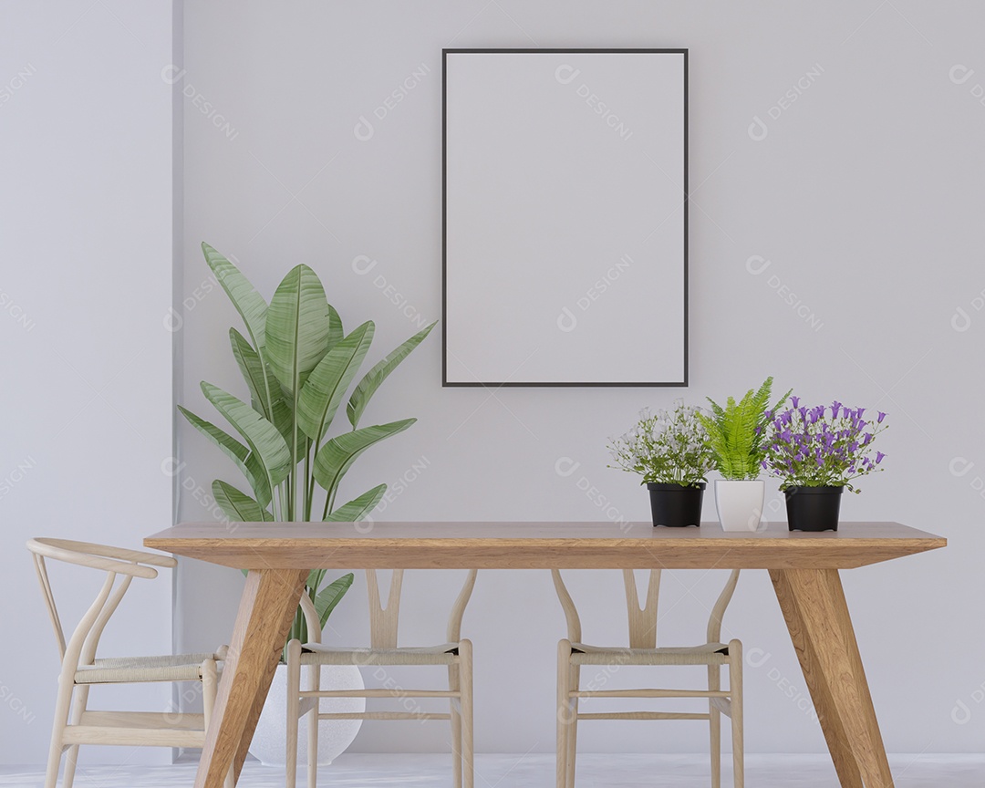 Placa grande de maquete de ilustração 3D com moldura na sala de jantar e sala de estar em casa, cores pastel interiores de estilo escandinavo