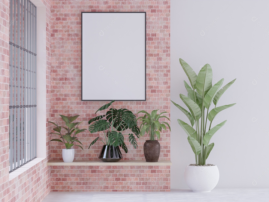 Molduras para fotos de maquete de ilustração 3D na bela parede sobre mesa de madeira, vaso de flores em cima, decorado com interior