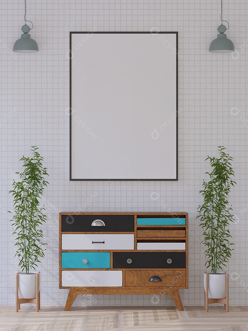 Molduras para fotos de maquete de ilustração 3D na bela parede sobre mesa de madeira, vaso de flores em cima, decorado com interior