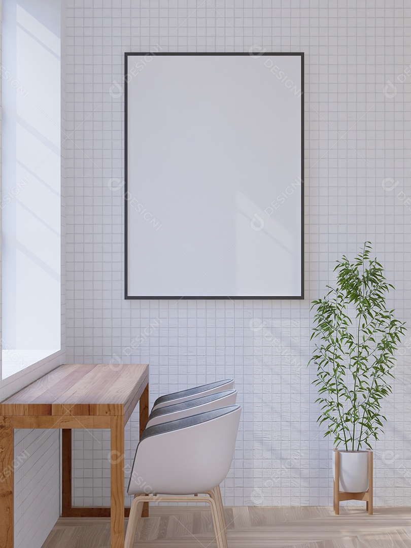 Placa em branco de maquete de ilustração 3D com moldura na parede na área de trabalho em casa, interior de estilo escandinavo com móveis aconchegantes