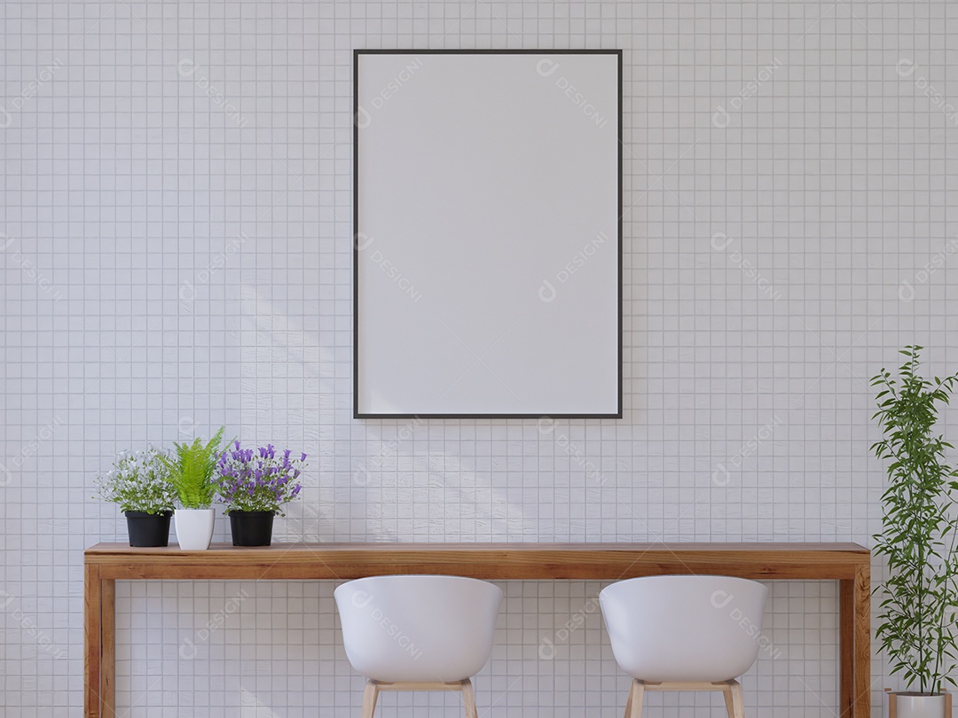 Placa em branco de maquete de ilustração 3D com moldura na parede na área de trabalho em casa, interior de estilo escandinavo