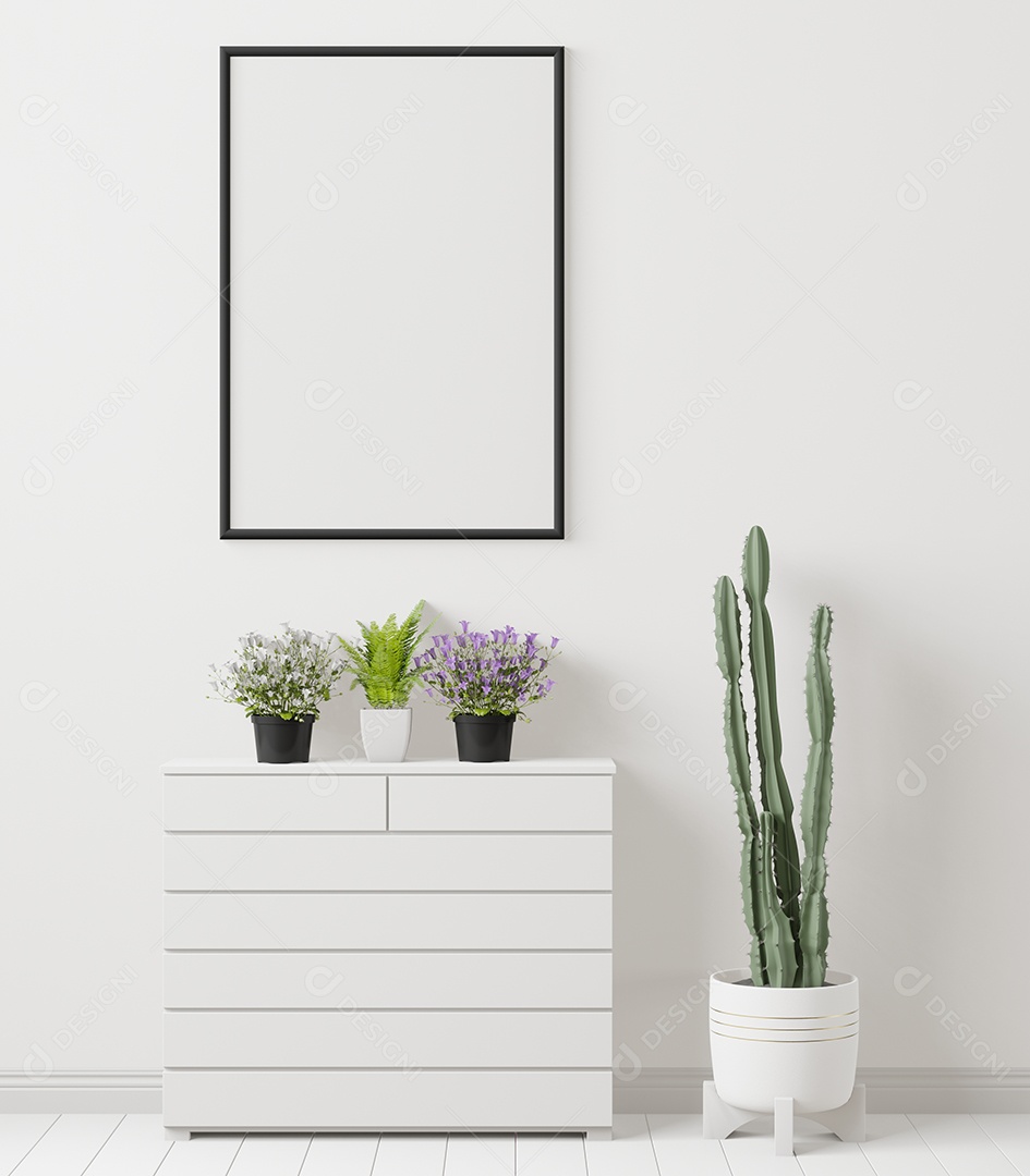 Moldura de foto de maquete de ilustração 3D na bela parede sobre o armário, decorada com interior de estilo escandinavo e renderização natural