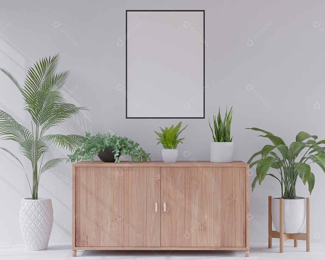 Moldura de foto de maquete de ilustração 3D na bela parede sobre o armário, decorada com interior de estilo escandinavo e renderização natural