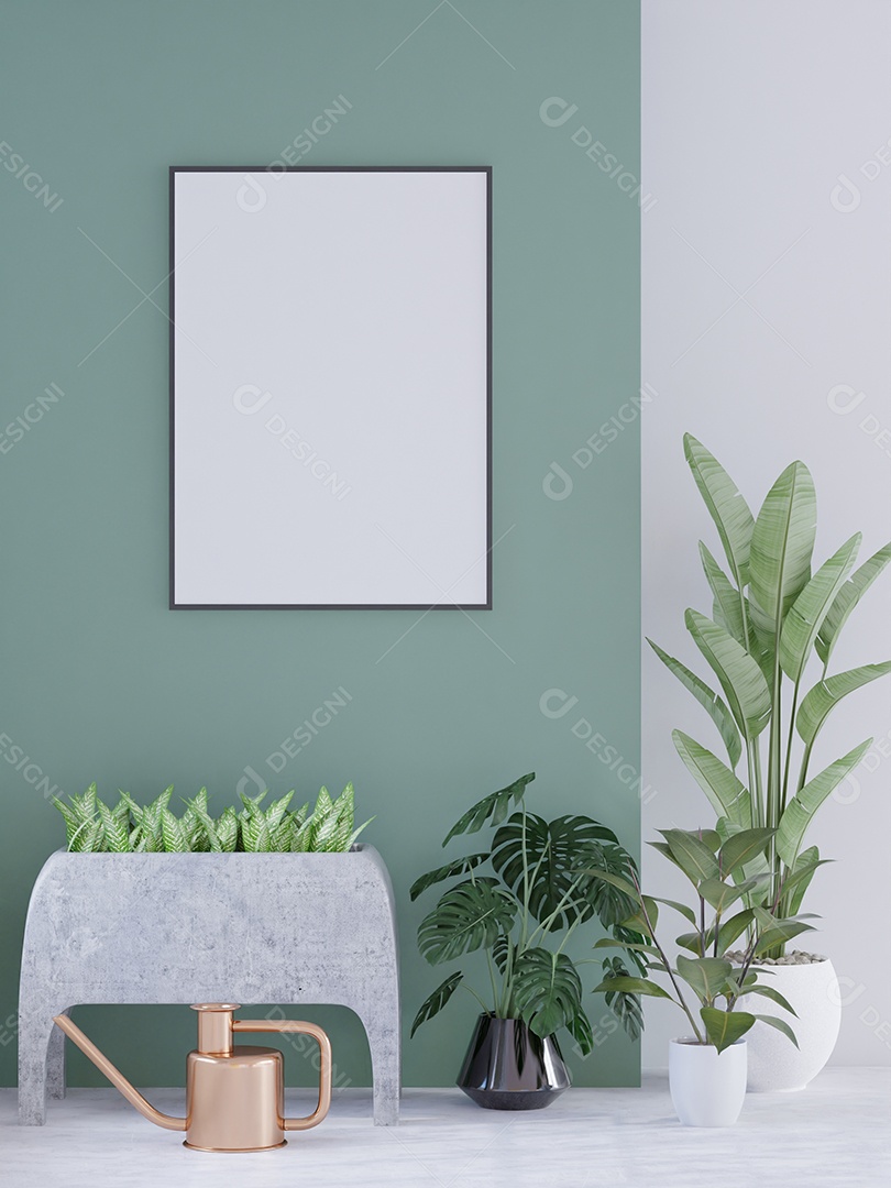 Molduras para fotos de maquete de ilustração 3D no chão sobre a planta em vaso, decorada com interior de estilo escandinavo e renderização natural