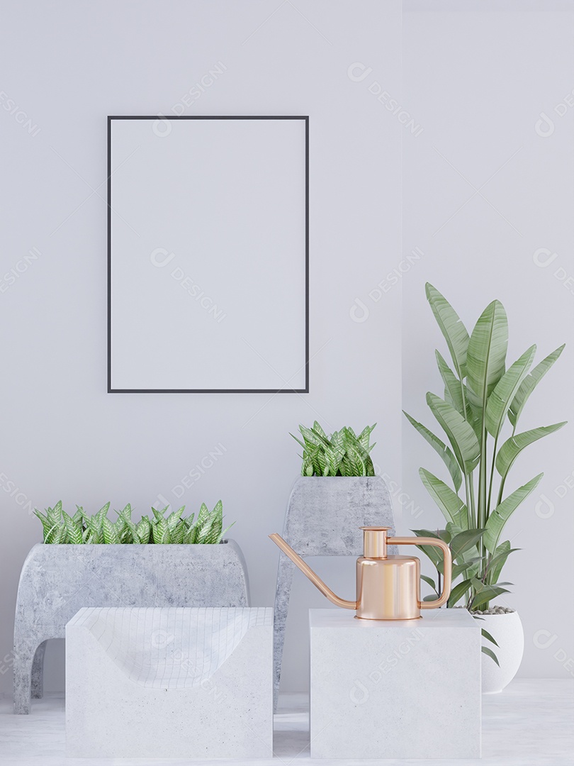 Molduras para fotos de maquete de ilustração 3D no chão sobre a planta em vaso, decorada com interior de estilo escandinavo e renderização natural