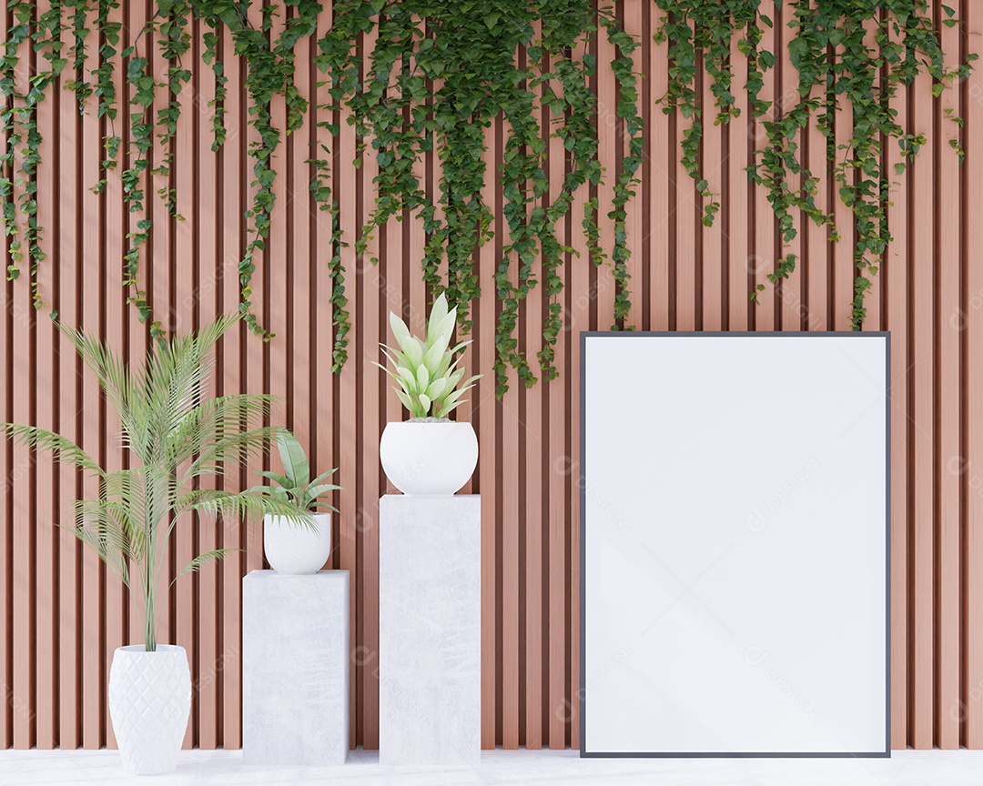 Molduras para fotos de maquete de ilustração 3D no chão sobre a planta em vaso, decorada com interior de estilo escandinavo e renderização natural