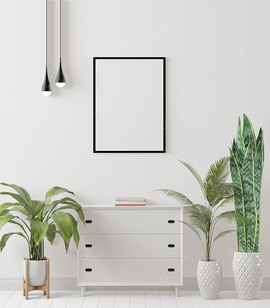 Molduras para fotos de maquete de ilustração 3D no chão sobre armário e vaso de planta com lâmpada de teto, decorado com interior de estilo escandinavo