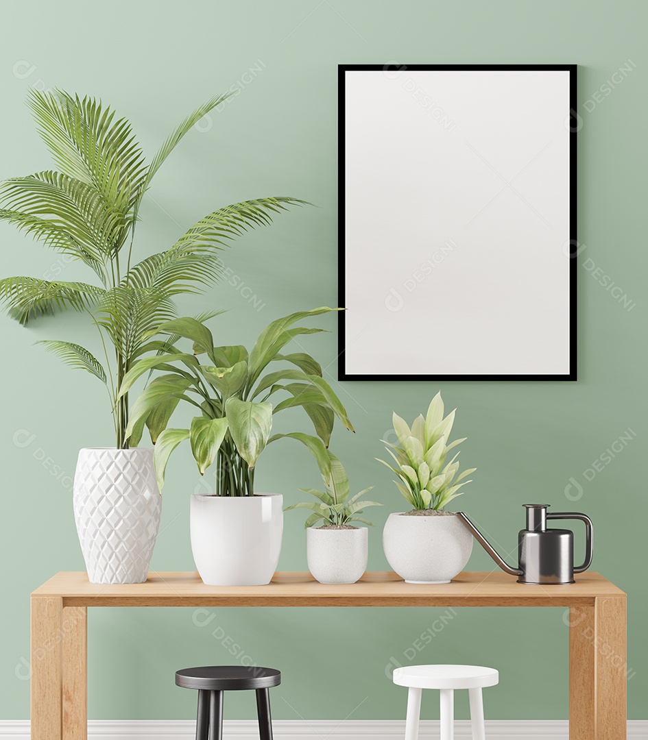 Molduras para fotos de maquete de ilustração 3D na parede verde sobre a mesa com vaso e cadeira, decorada com interior de estilo escandinavo e renderização natural