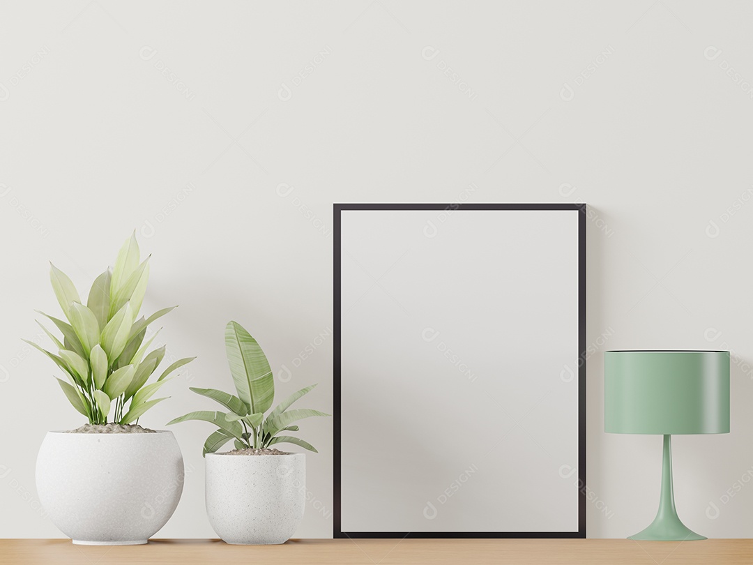 Molduras para fotos de maquete de ilustração 3D no piso de madeira entre vaso e lâmpada, decorada com interior de estilo escandinavo e renderização natural