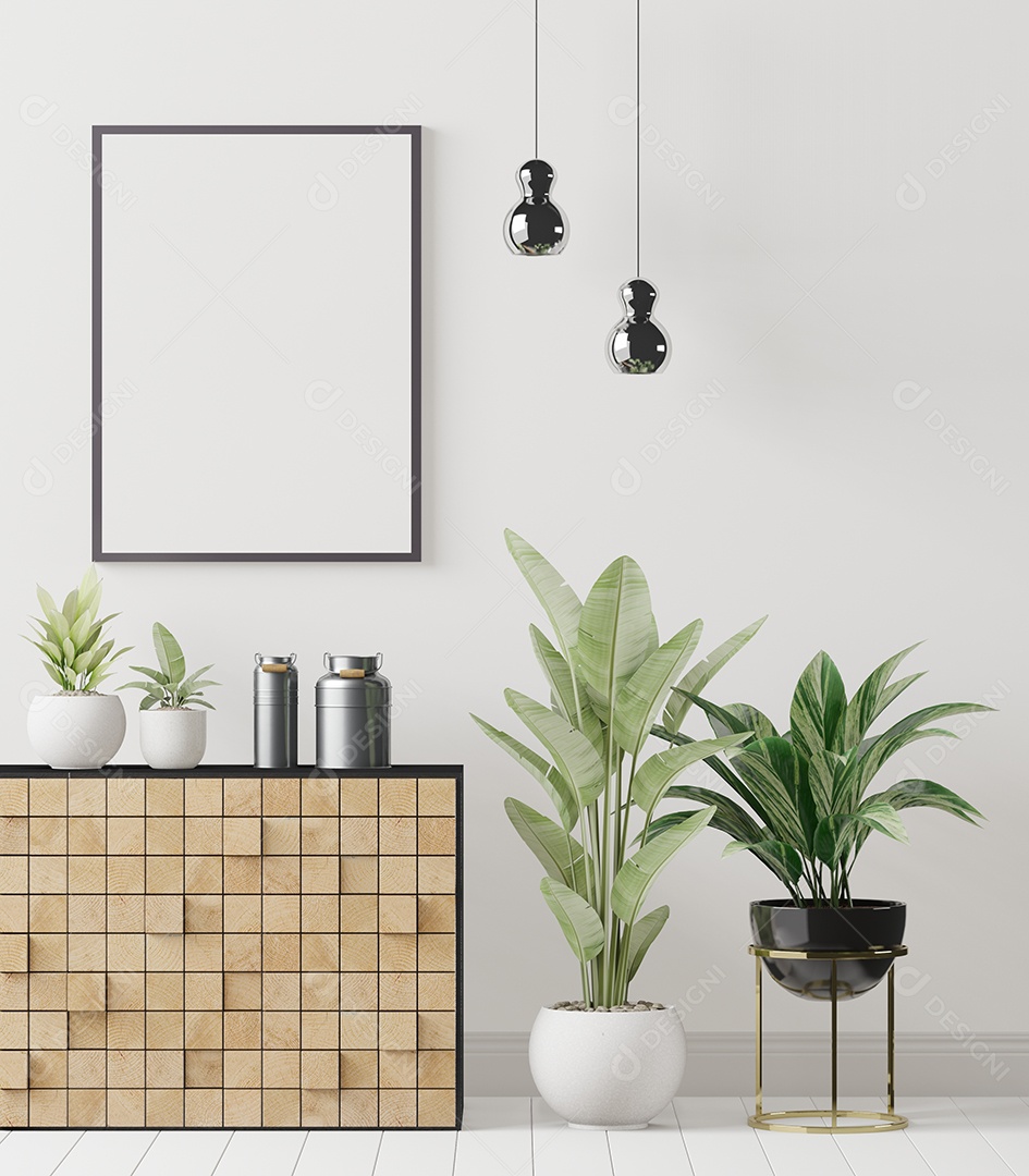 Placa em branco de maquete de ilustração 3D com moldura na parede na área de trabalho em casa, interior de estilo escandinavo