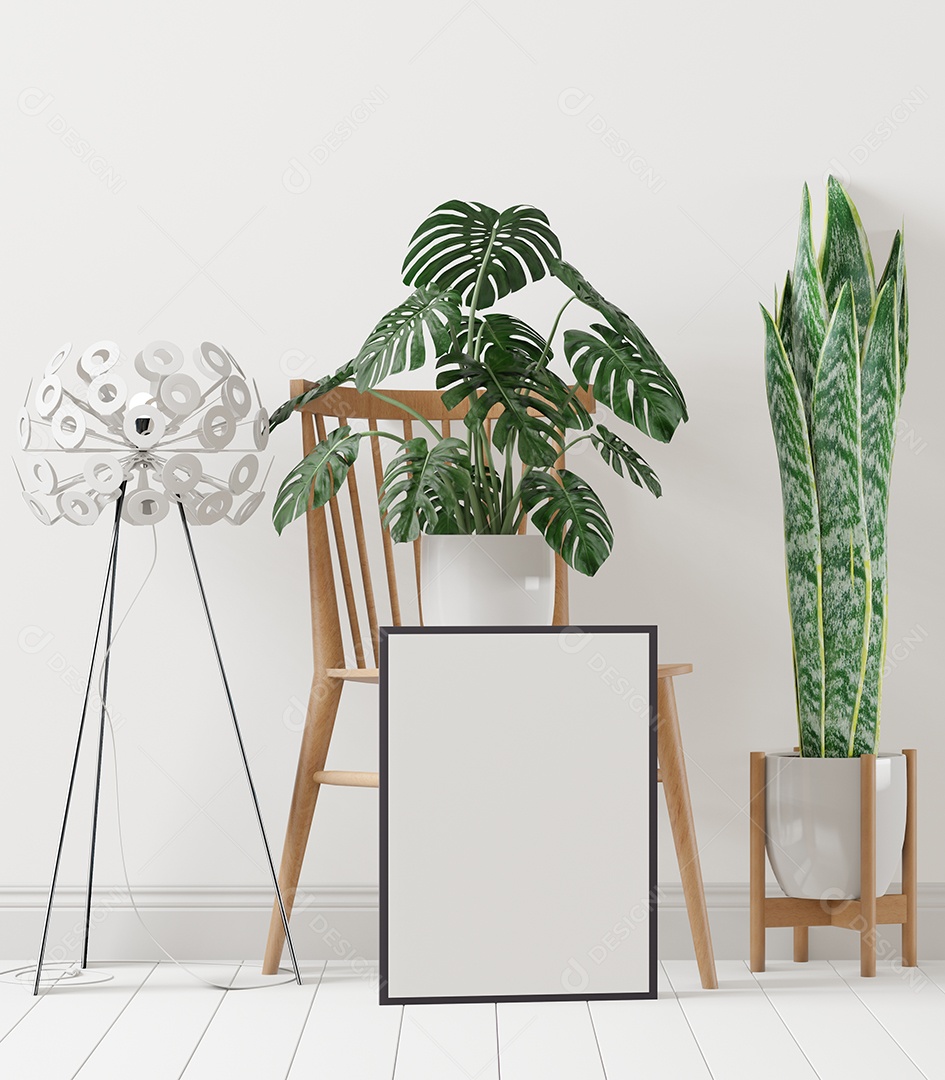 Placa em branco de maquete de ilustração 3D com moldura na parede na área de trabalho em casa, interior de estilo escandinavo