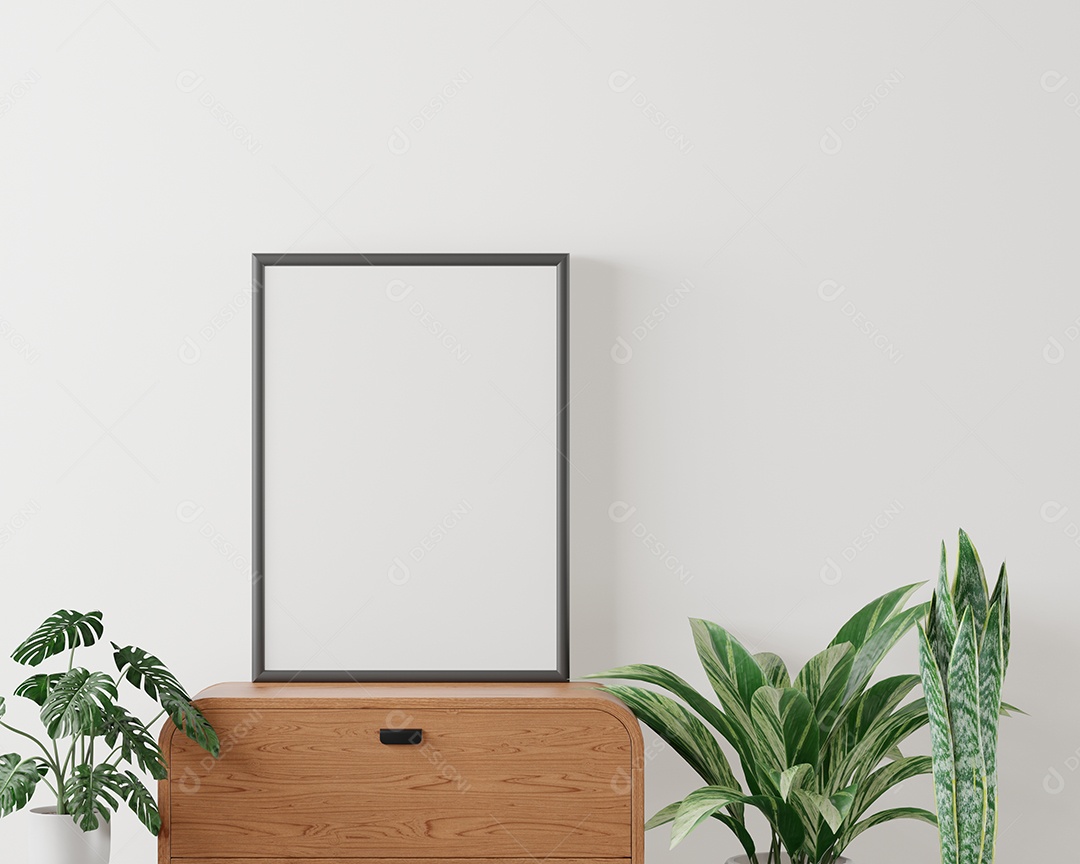 Moldura de foto de maquete de ilustração 3D na parede sobre o armário, decorada com interior de estilo escandinavo e renderização natural