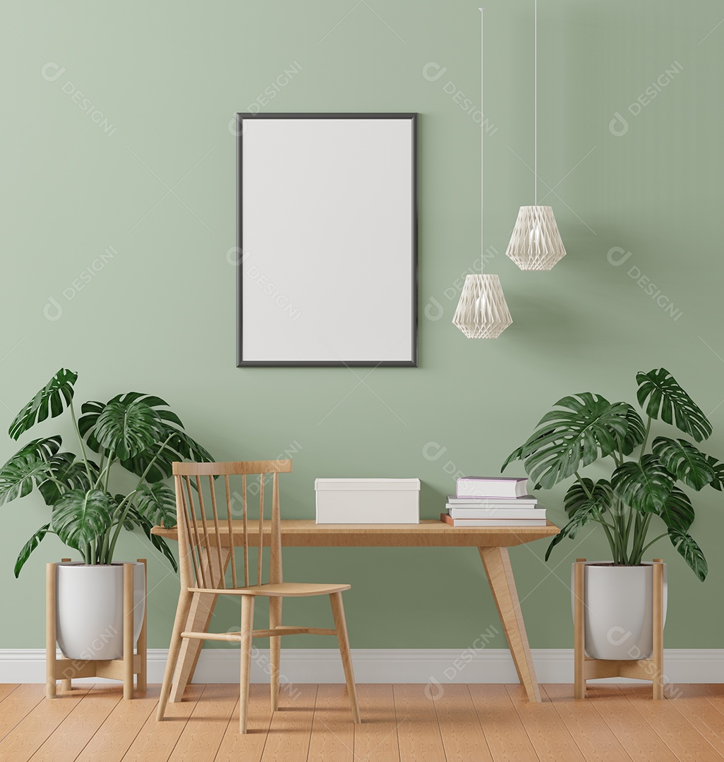 Placa em branco de maquete de ilustração 3D com moldura na parede na área de trabalho em casa, interior de estilo escandinavo