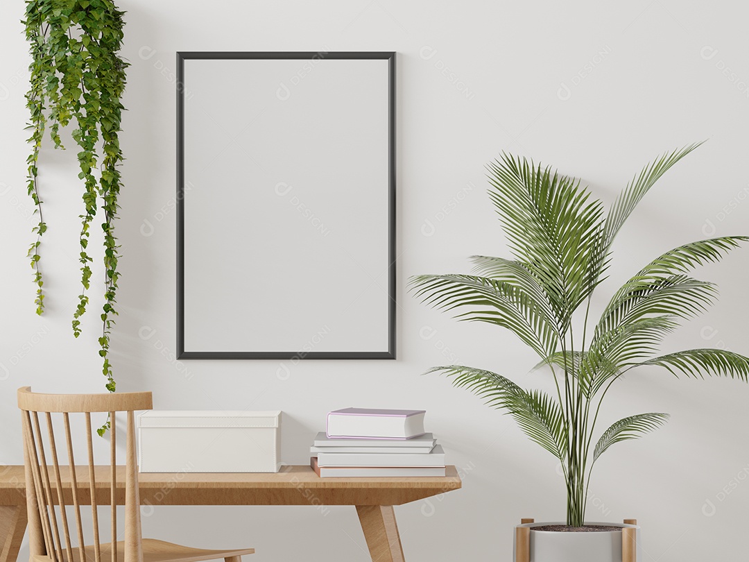 Placa em branco de maquete de ilustração 3D com moldura na parede na área de trabalho em casa, interior de estilo escandinavo