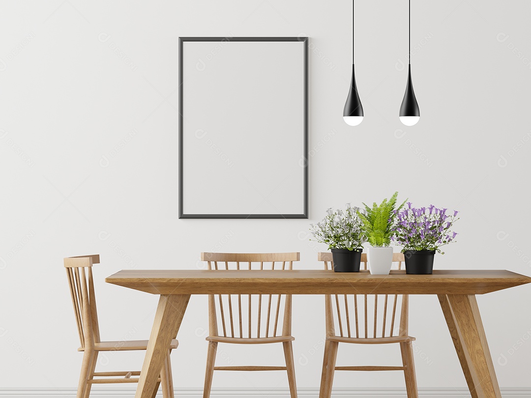 Placa grande de maquete de ilustração 3D com moldura na sala de jantar em casa ou restaurante, cores pastel interiores de estilo escandinavo