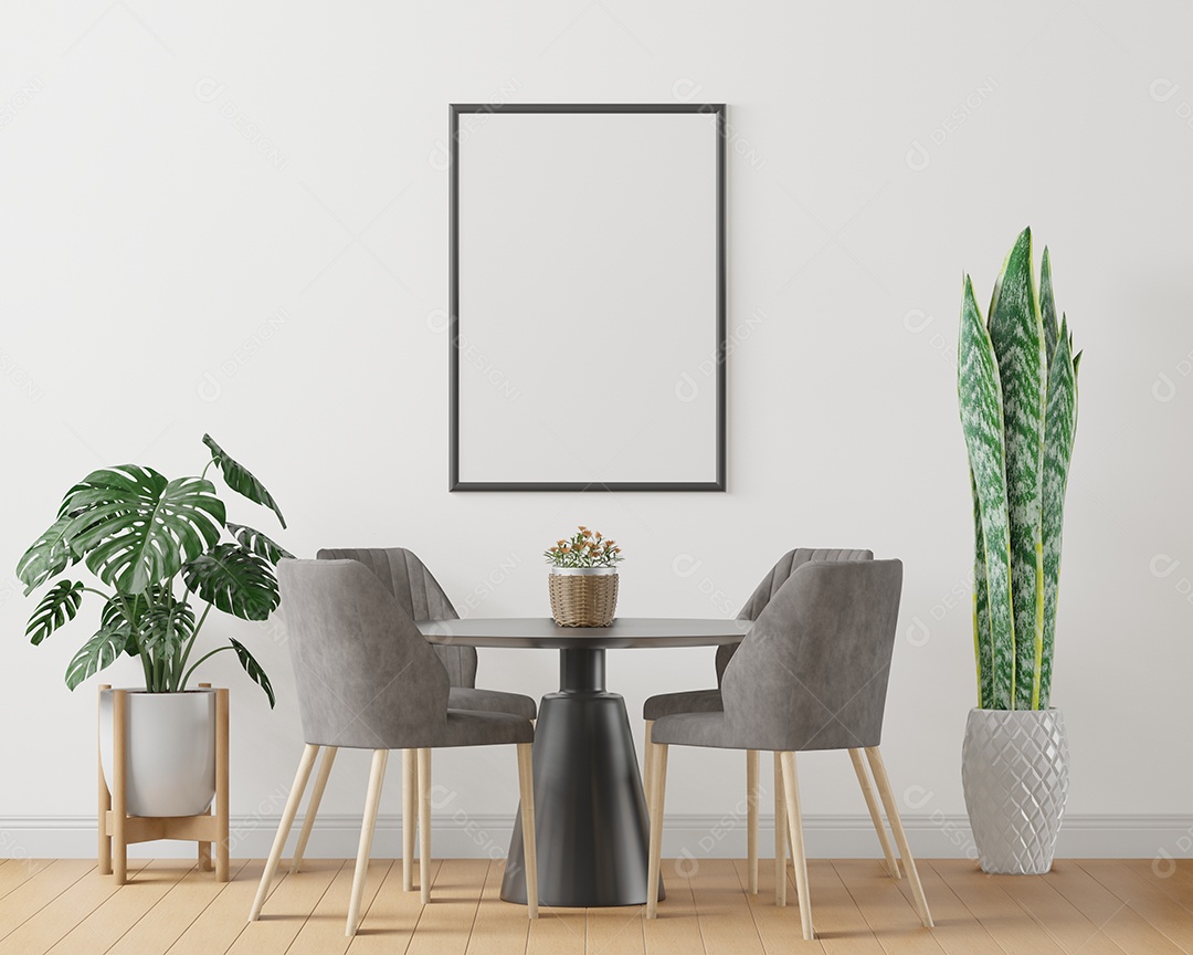 Placa grande de maquete de ilustração 3D com moldura na sala de jantar em casa ou restaurante, cores pastel interiores de estilo escandinavo