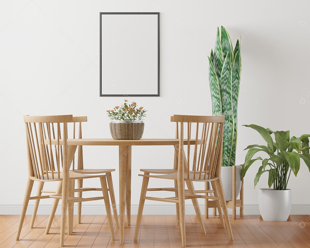 Placa grande de maquete de ilustração 3D com moldura na sala de jantar em casa ou restaurante, cores pastel interiores de estilo escandinavo