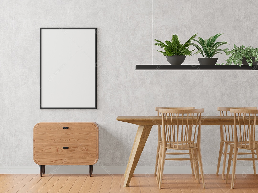 Placa grande de maquete de ilustração 3D com moldura na sala de jantar em casa ou restaurante, cores pastel interiores de estilo escandinavo