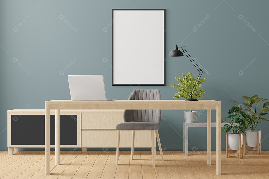 Placa em branco de maquete de ilustração 3D com moldura na parede na área de trabalho em casa, interior de estilo escandinavo