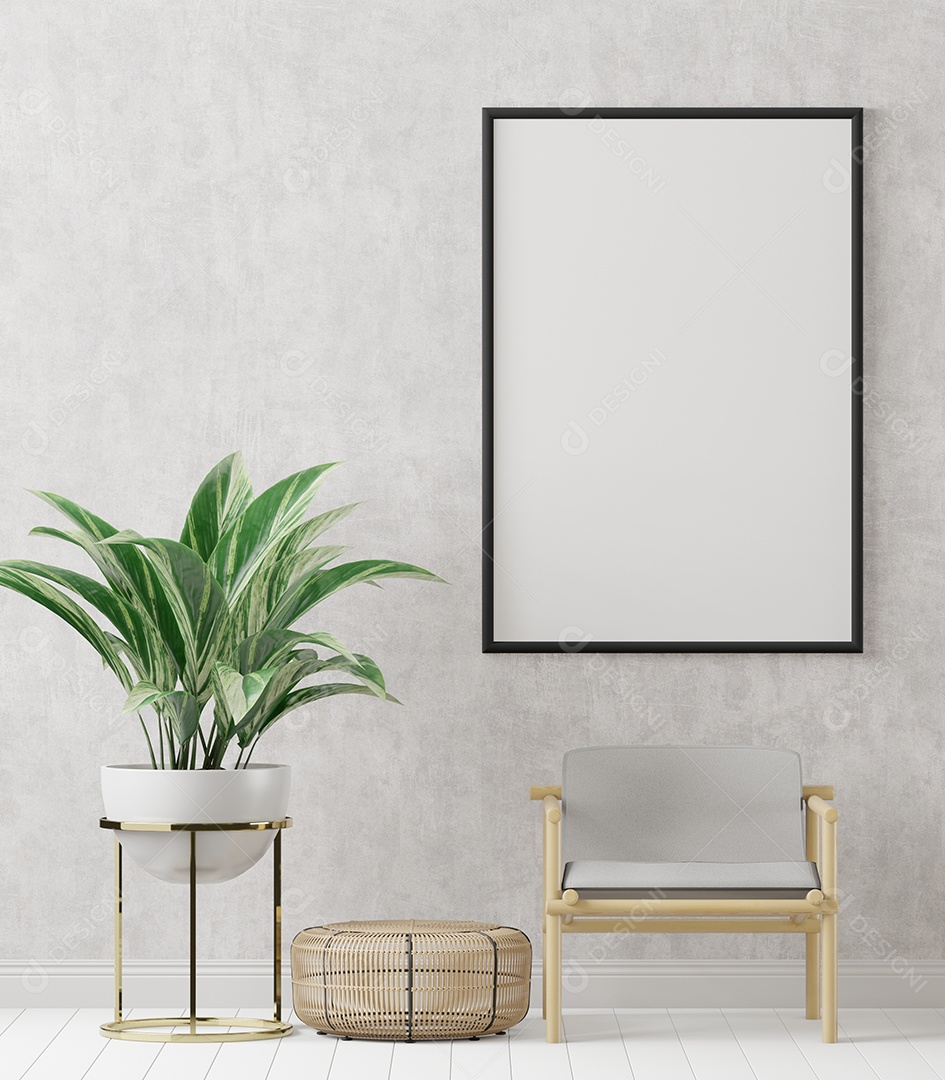 3D illustration mockup photo frame on beautiful wall in gallery hall or lobby of luxury building decorated style interior