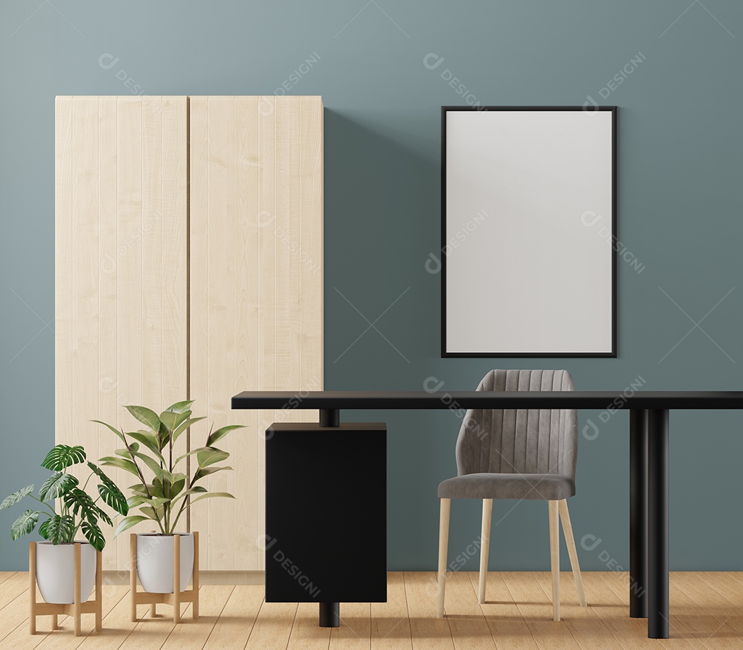 Placa em branco de maquete de ilustração 3D com moldura na parede na área de trabalho em casa, interior de estilo escandinavo com móveis