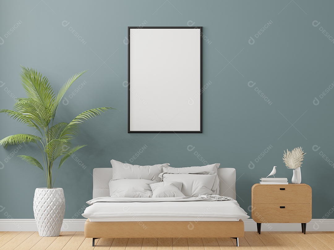 Ilustração 3D Mock up poster frame no interior do quarto, Decorado com móveis bonitos e confortáveis, Renderização