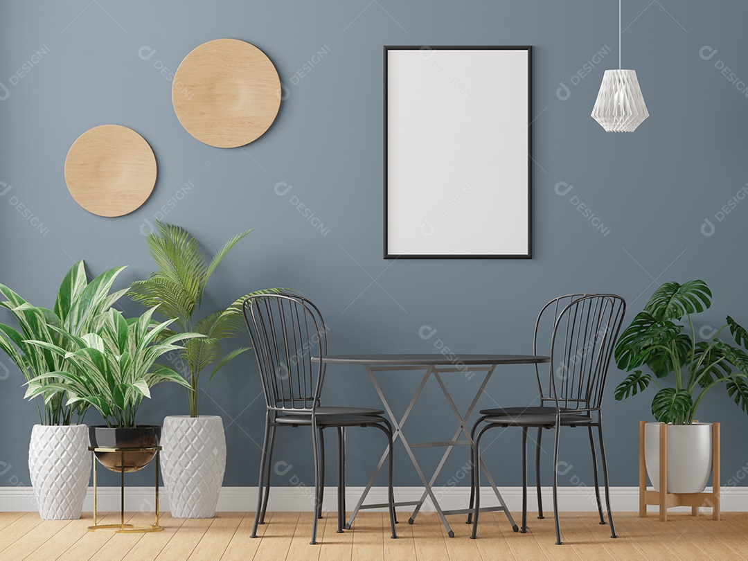 Placa grande de maquete de ilustração 3D com moldura na sala de jantar em casa ou restaurante, cores pastel interiores de estilo escandinavo