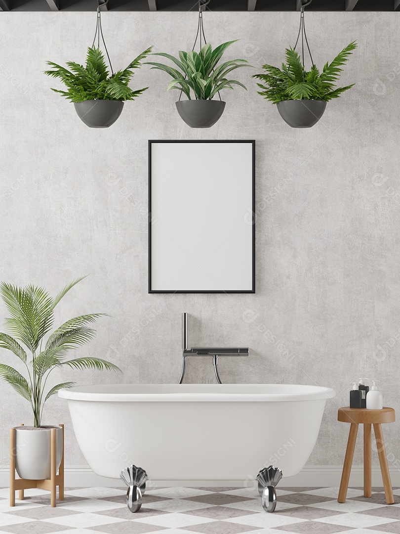 Molduras para fotos de maquete de ilustração 3D na bela parede sobre banheira no banheiro com vaso de plantas, decorado com equipamento confortável