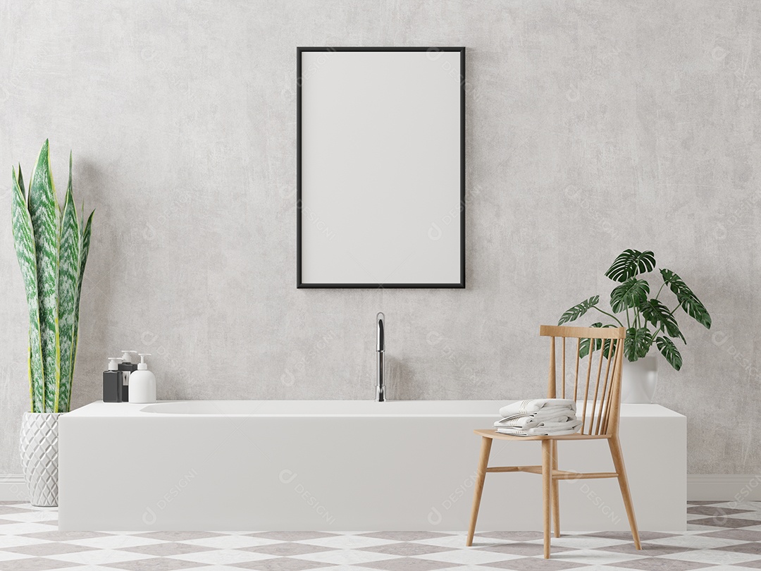 Banheiro de luxo de ilustração 3D com barhtub, moldura de foto de maquete na bela parede, decorada com equipamentos e plantas confortáveis, renderização