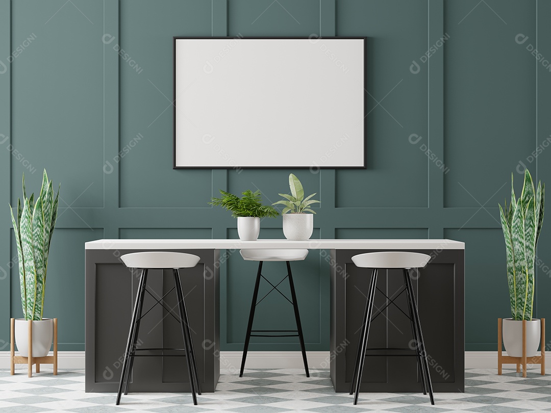 Placa em branco de maquete de ilustração 3D com moldura na parede na área de trabalho em casa, interior de estilo escandinavo