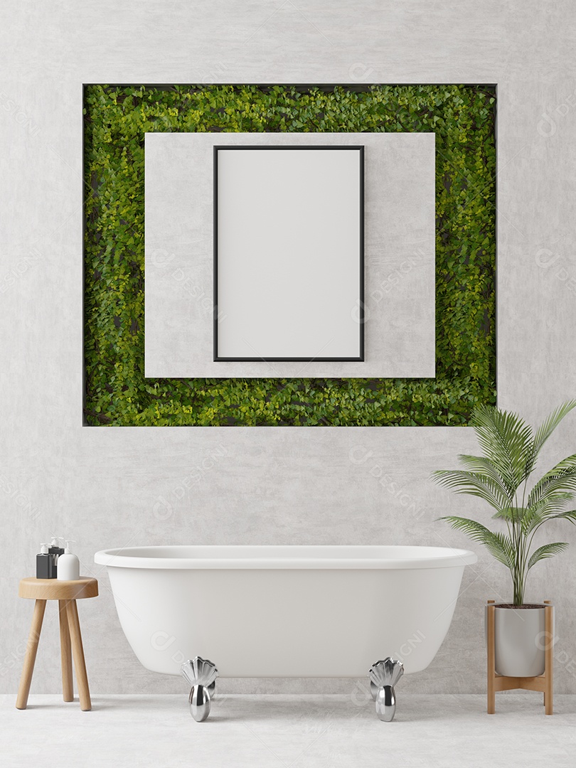 Molduras para fotos de maquete de ilustração 3D na bela parede sobre banheira no banheiro com vaso de plantas, decorado com equipamento