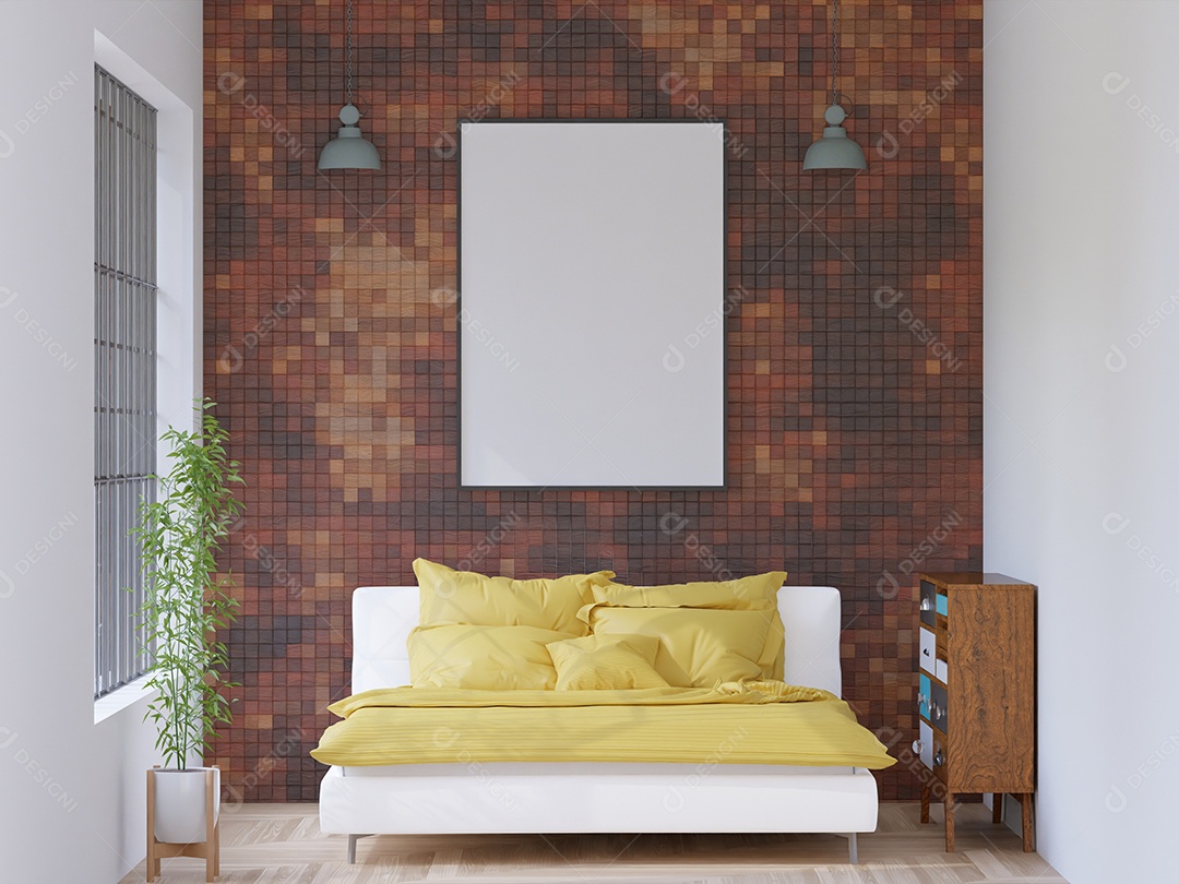 3D interior moderno do quarto com moldura de maquete